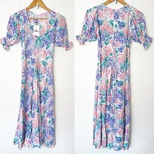 New Faithful the Brand Maggie Midi Dress Ondine Floral Size 2 Puff Sleeve XS